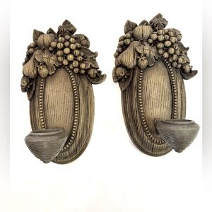Vintage Homco Gray Weathered Wood Fruit Sconce Candle Holders - Pair (1975)